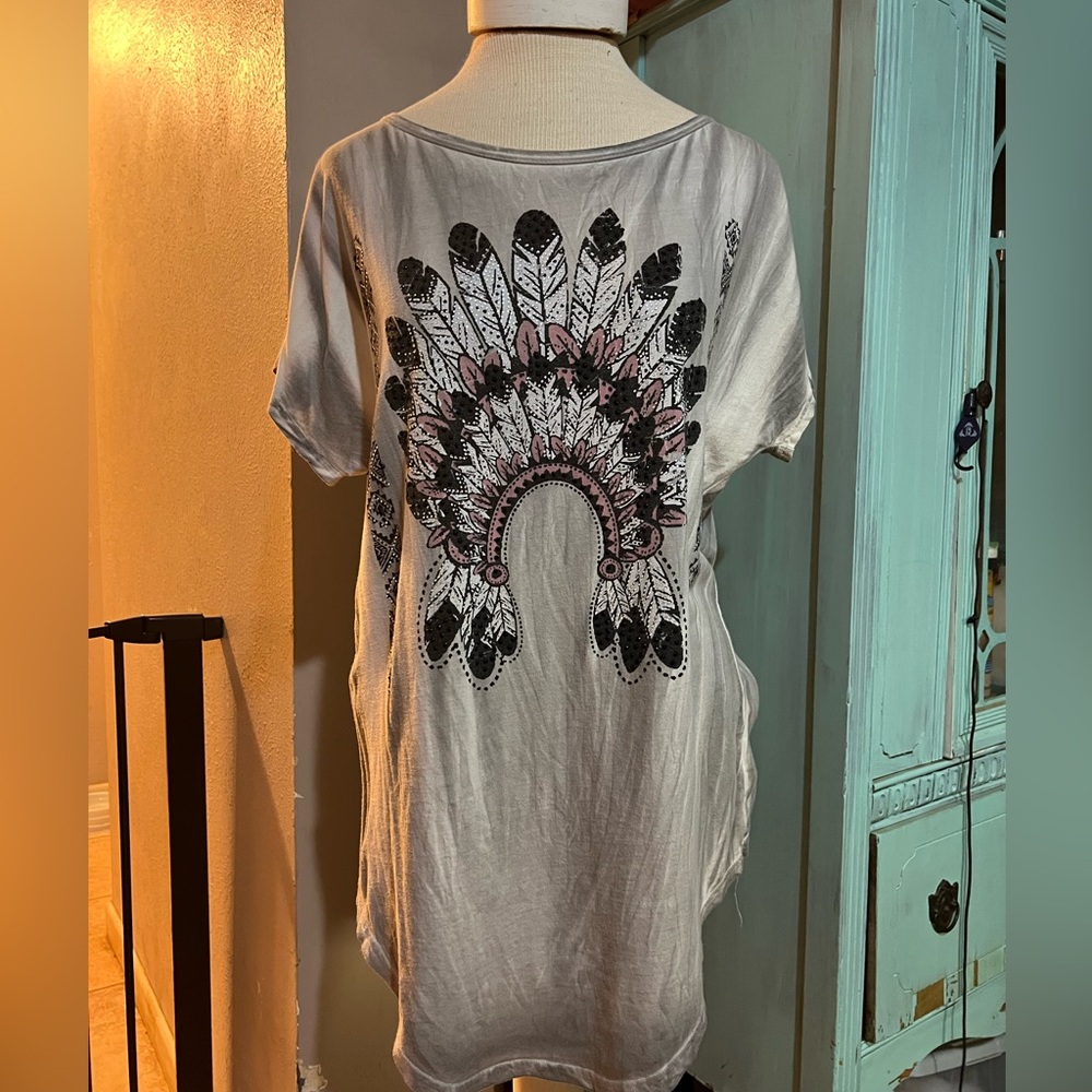 Vocal California Grey Native American Head Dress Embellished Shirt Size Medium M